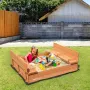 Wooden Sandbox, 52.4 x 47.2 x 16.9 in Sand Box, Sand Pit with Foldable Bench Seats and Bottom Liner, Natural Wood Kids Sandbox f
