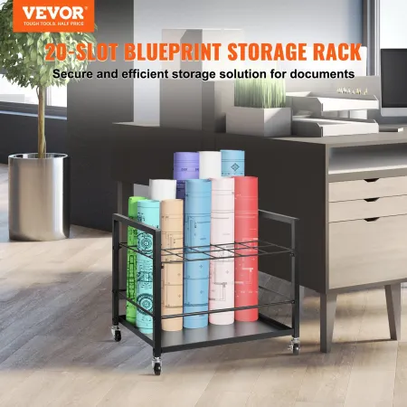 Blueprint Storage Rack, 20 Slots Blueprint Holder with Wheels, Mobile Metal Blueprint Storage Cart for Map Poster Architectural 