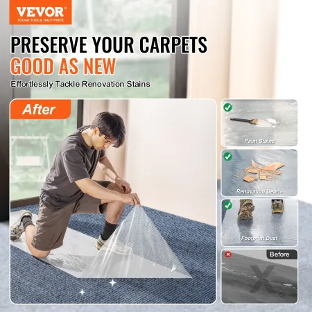 Carpet Protection Film, 24" x 100' Floor and Surface Shield with Self Adhesive Backing & Easy Installation, Polyethylene Adhesiv