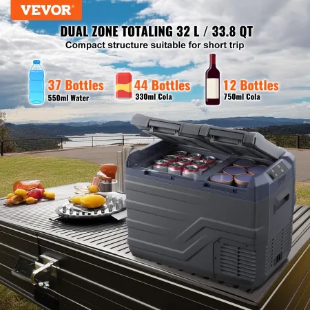 Car Refrigerator, 12 Volt Car Refrigerator Fridge, 32 L Dual Zone Portable Freezer, -4℉-68℉ Adjustable Range, 12/24V DC and 100-
