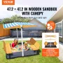Wooden Sandbox with Canopy, 57.3 x 47.2 x 47.2 in Sand Box, Sand Pit with Foldable Bench Seats and Bottom Liner, Natural Wood Ki
