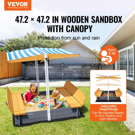 Wooden Sandbox with Canopy, 57.3 x 47.2 x 47.2 in Sand Box, Sand Pit with Foldable Bench Seats and Bottom Liner, Natural Wood Ki