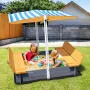 Wooden Sandbox with Canopy, 57.3 x 47.2 x 47.2 in Sand Box, Sand Pit with Foldable Bench Seats and Bottom Liner, Natural Wood Ki