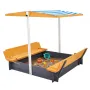 Wooden Sandbox with Canopy, 57.3 x 47.2 x 47.2 in Sand Box, Sand Pit with Foldable Bench Seats and Bottom Liner, Natural Wood Ki