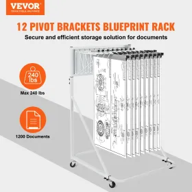 Mobil Blueprint Storage Rack Plan Holder med 12 pivotbeslag 240 lbs