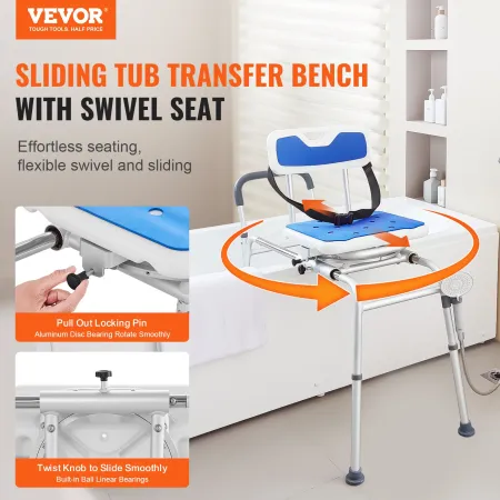 Sliding Tub Transfer Bench with 360 Degree Swivel Seat, Height Adjustable Bathtub Transfer Bench with Armrest & Safety Belt, Non