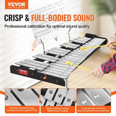 32 Note Glockenspiel Xylophone Bell Kit, Professional Percussion Instrument Set with Mallets, Drum Sticks, Music Stand,  203mm /
