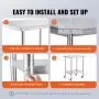 Stainless Steel Work Table 24 x 30 x 38 Inch, with 4 Wheels, 3 Adjustable Height Levels, Heavy Duty Food Prep Worktable for Comm