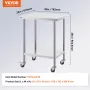 Stainless Steel Work Table 24 x 30 x 38 Inch, with 4 Wheels, 3 Adjustable Height Levels, Heavy Duty Food Prep Worktable for Comm