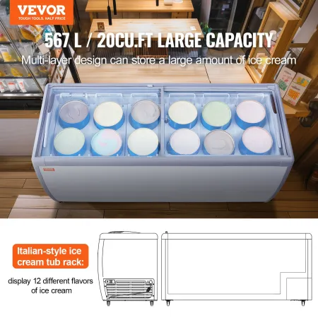 Commercial Ice Cream Display Case, 567 L Chest Freezer, Mobile Glass Top Deep Freezer, Restaurant Gelato Dipping Cabinet with 12