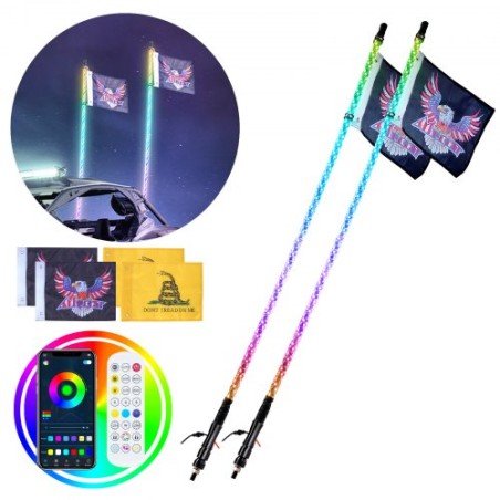 LED piskelys 2pcs 4ft RGB Spiral Antenne Light Remote App ATV UTV RZR