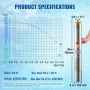 Deep Well Submersible Pump, 370W 230V 50Hz, 5.3 m³/h Max Flow 50 m(164 ft) Max Head, with 9.1 m Electric Cord, Stainless Steel W