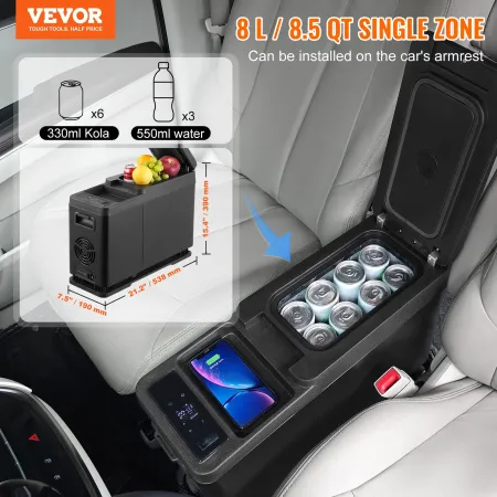 Car Refrigerator, 12 Volt Car Armrest Refrigerator Fridge, 8 L Single Zone Portable Freezer, -4℉-68℉ Adjustable Range, 12/24V DC