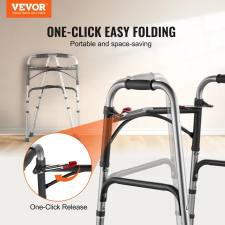 Folding Walker, 2-Button Folding Walkers with 8-Level Adjustable Height and Durable Handles, Lightweight Aluminum Mobility Walke