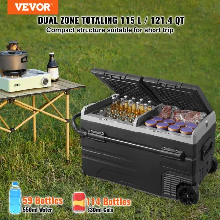 Car Refrigerator, 12 Volt Car Refrigerator Fridge, 115 L Dual Zone Portable Freezer with Wheels and Handle, -4℉-68℉, 12/24V DC a