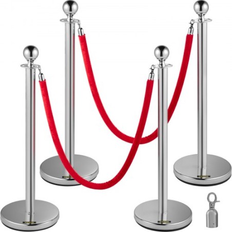 Retractable Silver Round Top Queue Control Barrier Posts Stands Security Stanchion Rope Divider with 1.5M Red Rope Crowd