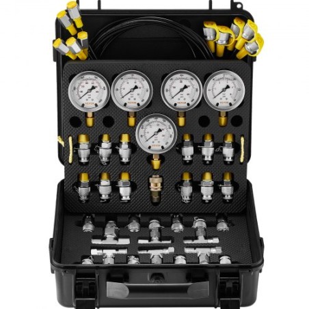 Hydraulic Pressure Test Kit, 10/100/250/400/600bar, 5 Gauges 13 Couplings 14 Tee Connectors 5 Test Hoses, Excavator Hydraulic