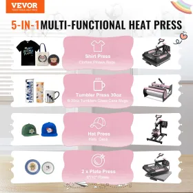 8 I 1 Heat Press Machine 15x15 i 30 oz tumbler Press T-shirts Black