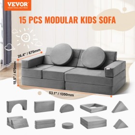 Play Couch, 15pcs Modular Kids Nugget Couch, Toddler Foam Sofa Couch with High-density 25D Sponge for Playing, Creativing,