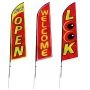 Open Flags with Pole Kit, Advertising Flags for Business Outside, Advertising Feather Flag Kit, 3 Flags (Open, Look, Welcome), 3