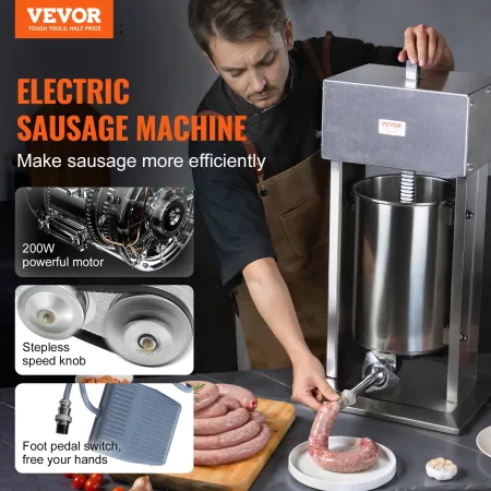 Electric Sausage Stuffer, 12 L / 25 LBS Vertical Meat Stuffer, 200W Motor, Stepless Speed Control and Foot Pedal, Made of Food-g
