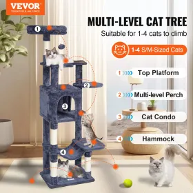 Cat Tree for Indoor Cats, 60.6" Cat Tower with Cat Condo, Sisal Scratching Post, Hammock, Top Perch, Jumping Platforms, Large Ca
