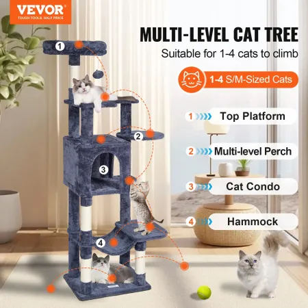 Cat Tree for Indoor Cats, 60.6" Cat Tower with Cat Condo, Sisal Scratching Post, Hammock, Top Perch, Jumping Platforms, Large Ca