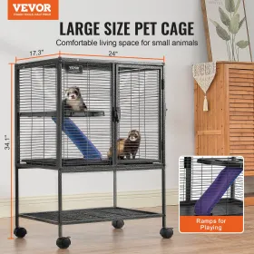 34" Metal Small Animal Cage 2-Tier Rolling Ferret Cage with Tray A Ramp