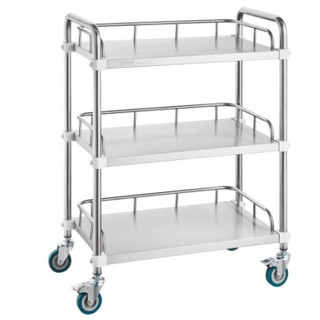 Lab Rolling Cart, 3-Shelf Stainless Steel Rolling Cart, Lab Serving Cart with Swivel Casters, Dental Utility Cart for Clinic,