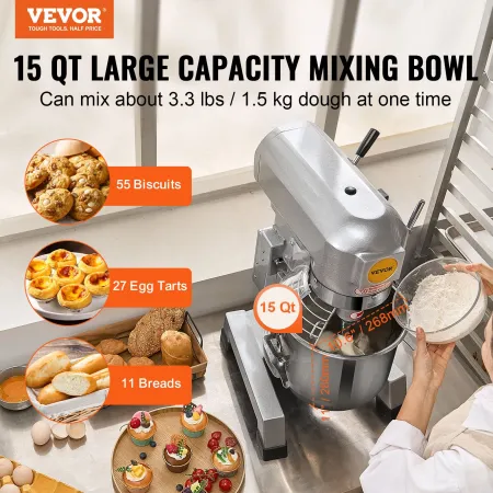 Commercial Food Mixer, 14L Commercial Stand Mixer with 3 Adjustable Speeds, 550W Dough Mixer with Stainless Steel Bowl and 3 Mix