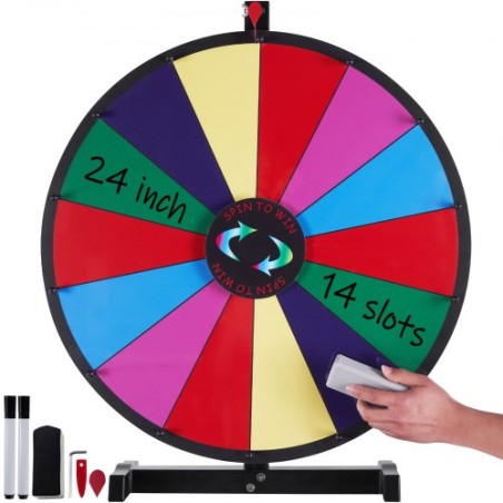 24 inch Spinning Prize Wheel, 14 Slots Tabletop Spinner, Heavy Duty Roulette Wheel with a Dry Erase and 2 Markers, Win Fortune