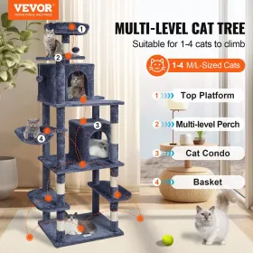 Cat Tree 68.5" Cat Tower with Cat Condos Sisal Scratching Post Dark Grey