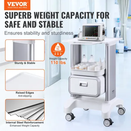 2 Tiers Lab Carts, Lab Utility Cart with 1 Drawer & 1 Top Tray, Mobile Medical Cart with ABS Material, Lab Rolling Cart with 4 S