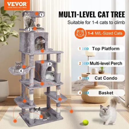 Cat Tree for Indoor Cats, 68.5" Cat Tower with 2 Cat Condos, Sisal Scratching Post, Hammock, Top Perch, Jumping Platforms, Large