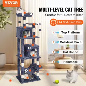 Cat Tree for Indoor Cats, 63" Cat Tower with 2 Cat Condos, Sisal Scratching Post, Hammock, Top Perch, Jumping Platforms, Large C