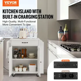 Kitchen Island Cart Rolling Storage Cabinet on Wheel with Charging Station