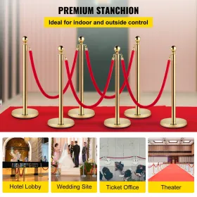 Stainless Steel Stanchion Post Queue 6PCS Pole w/ 4 Red Velvet Ropes, Crowd Control Barriers w/Fillable Base for for crowd