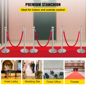6stcs Red Rope Stanchion Silver Post Crowd Control Quey Line Barrier