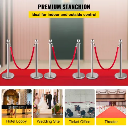 Stanchion Post with Velvet Ropes, 6-Pack Crowd Control Stanchion with 3PCS 5FT Red Velvet Ropes, Stainless Steel Queue Barrier L