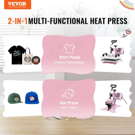 Heat Press Machine 30.5x25.4 cm 2 in 1 with Hat Press for T-Shirts Caps Pink