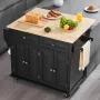Kitchen Island Cart, 43" Wood Top Mobile Carts with Storage Cabinet, Rolling Table with Drop Leaf, Spice Rack, Towel Bar, Adjust