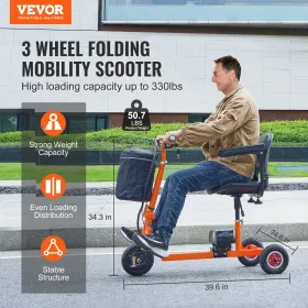 Bærbar 3 -hjulmobilitet Scooter til seniorer 12 km rækkevidde