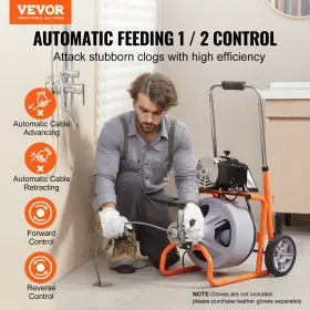 Drain Cleaner Machine 75FT x 3/8 Inch Auto Feed with Wheels & 8 Cutters