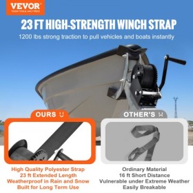 Hand Winch, 1200 lbs Pulling Capacity, Boat Trailer Winch Heavy Duty Rope Crank with 23 ft Polyester Strap and Two-Way Ratchet,
