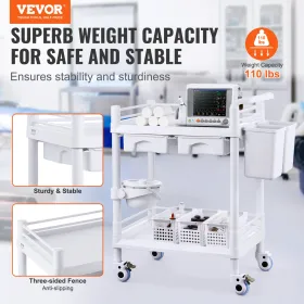 2 Tiers Lab Carts Mobile Medical Cart 2 Trays 2 Drawers 3 Trash Cans White