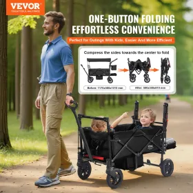 Wagon Stroller Push Pull Quad Collapsible for 2 Kids w/ Canopy Black