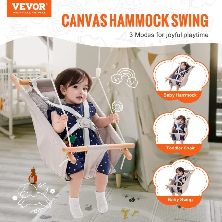 Canvas Hammock Swing, 3 Modes Baby Swing Indoor and Outdoor with 5-Point Harness, and Tree Straps, 150lbs Weight Capacity, Integ
