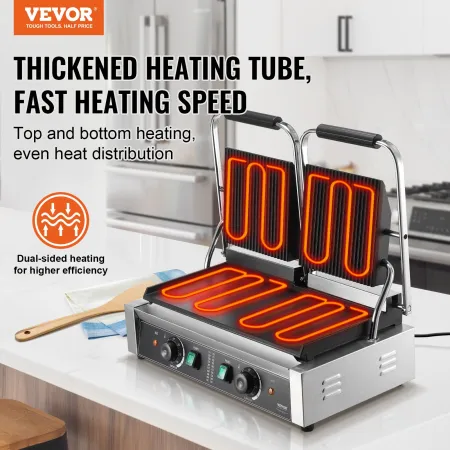 Commercial Panini Grill, 3600W Electric Sandwich Maker, Double Stainless Steel Grill, with Temperature Control and Flat Enameled