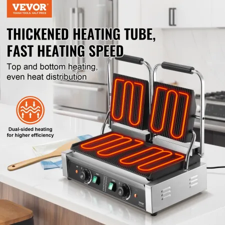 Commercial Piadine Sandwich Grill, 3600W Electric Double Sandwich Press for Panini Stainless Steel Temperature Controlled Enamel