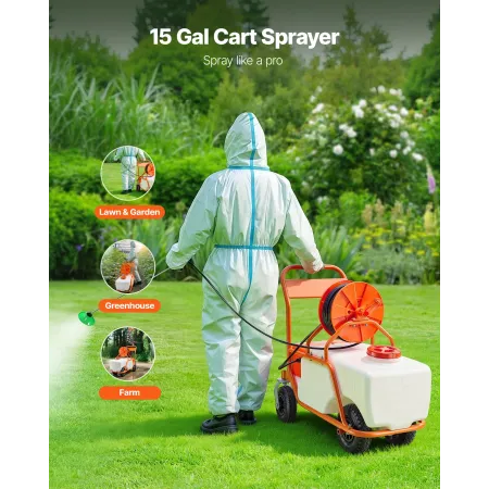 Lawn Sprayer with Wheels, Adjustable Pressure 0-90 PSI, Sprayer with 60L Tank, with 8 Nozzles, 2 Wands, Wide Opening Lid for Gar